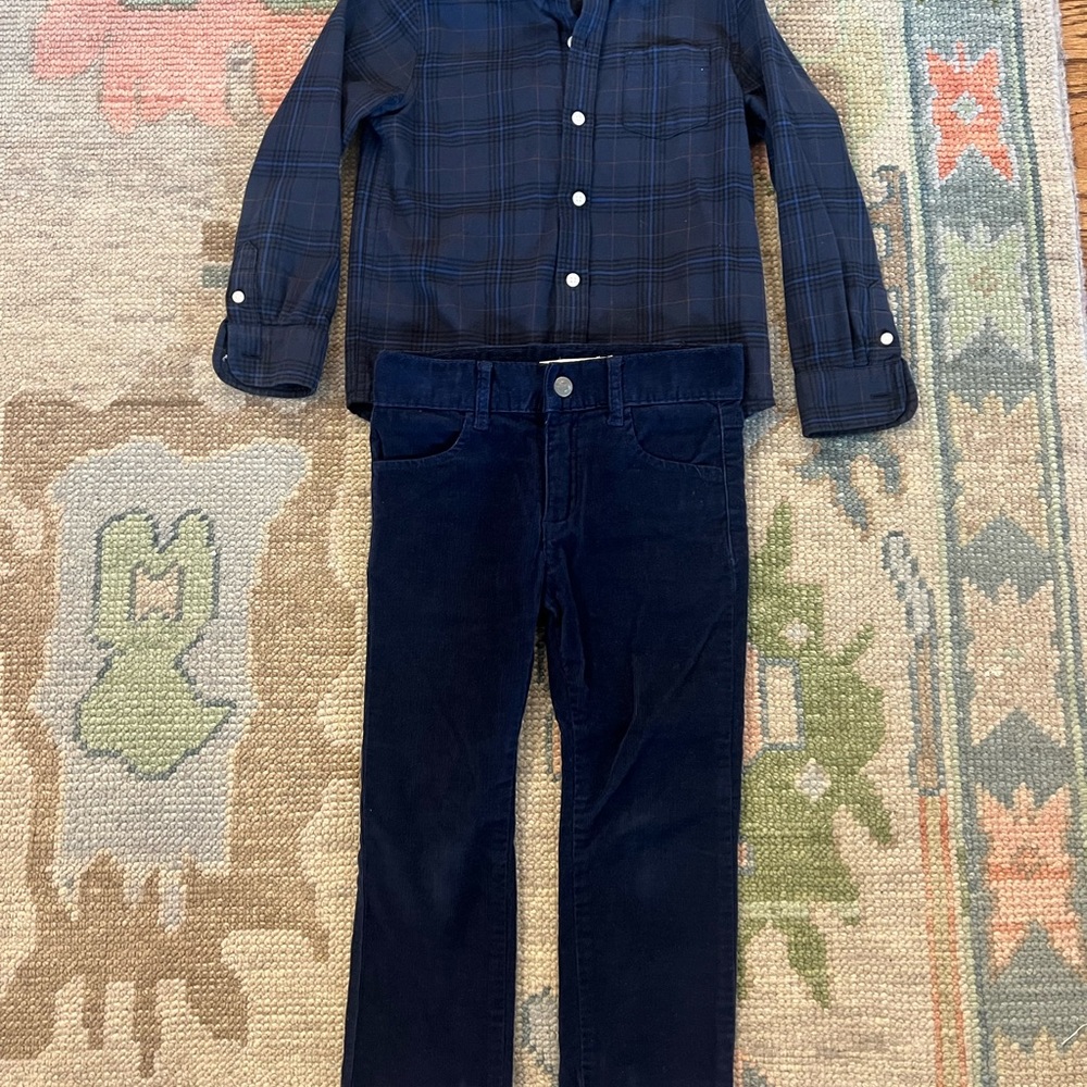 Janie and Jack Navy Plaid Button Down Shirt and Navy Blue Corduroy Boys Pants 4T